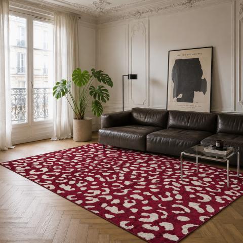 Tapis motif animalier LYN9 LEOP Bordeaux